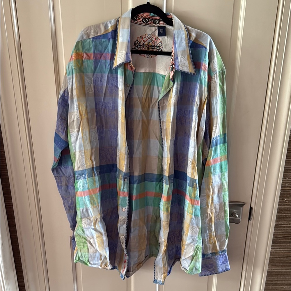 Robert Graham Blue and Green Dress Shirt with Plaid Design
